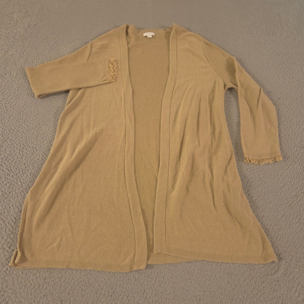 J.Jill Sweater Womens M Tan Linen Blend Cardigan 3/4 Fringe Sleeve Open Front